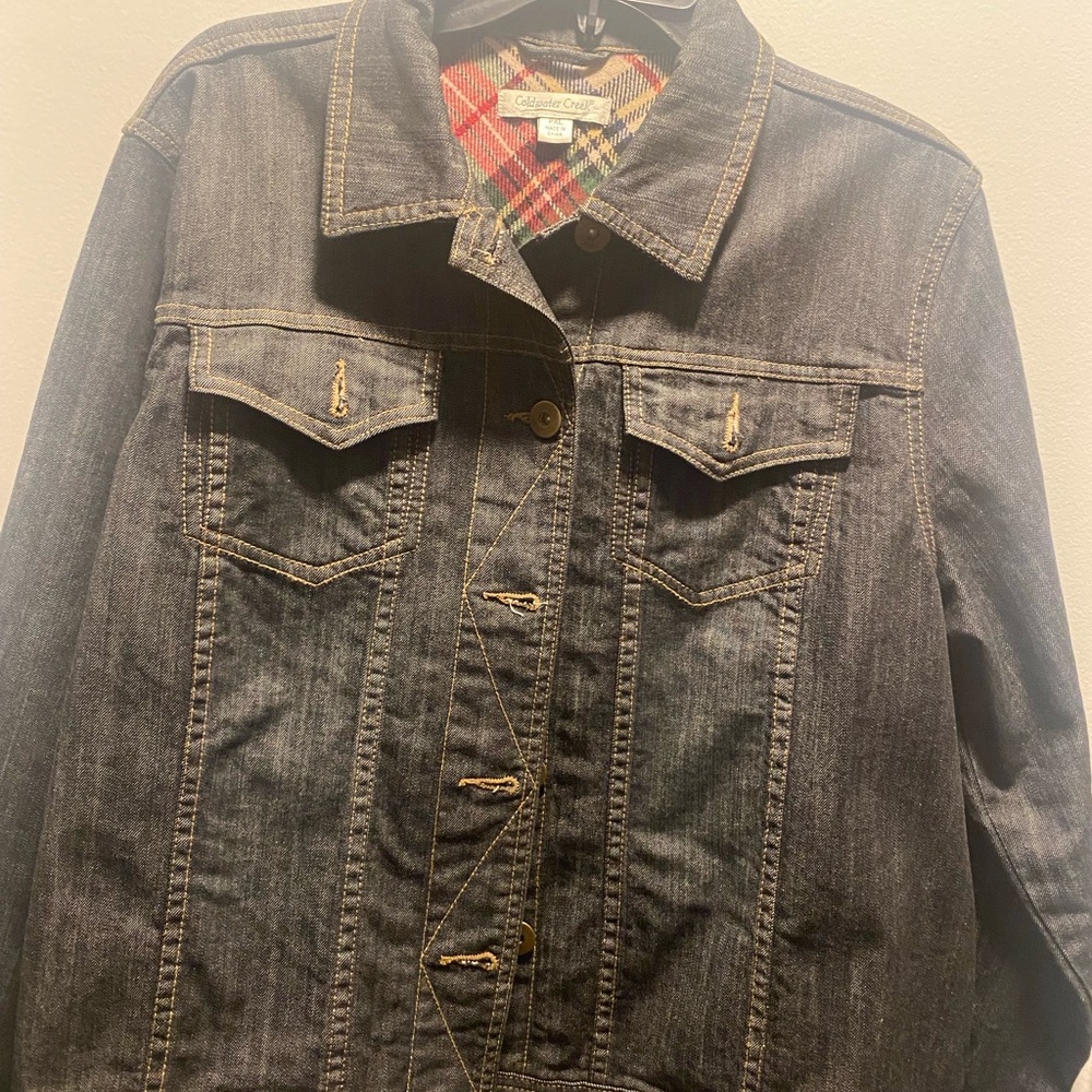 Coldwater Creek Men's Dark Indigo Denim Jacket with Plaid Trim